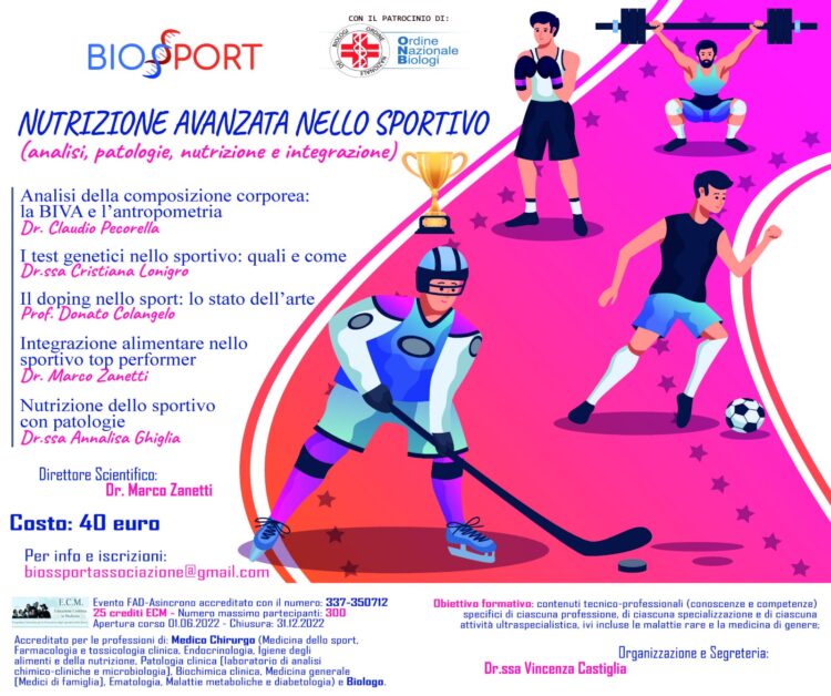 EVENTO SCADUTO. “Nutrizione avanzata nello sportivo”: dal 1° giugno al 31 dicembre il corso organizzato da Biossport